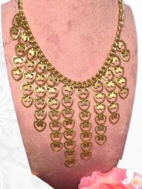 Vintage Hong Kong Heart Fringe Bib Necklace Open Work Heart Gold-Tone 37